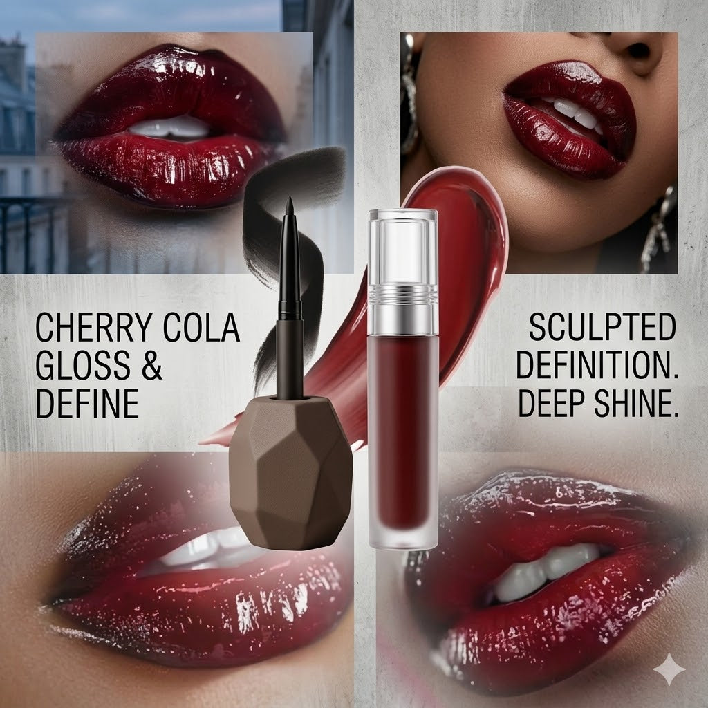 Cherry Cola Tone Lip Makeup Combo 2Pcs Set Black Lip Pencil + Glossy Dark Red Lip Gloss Long Wear For Fair To Deep Skin