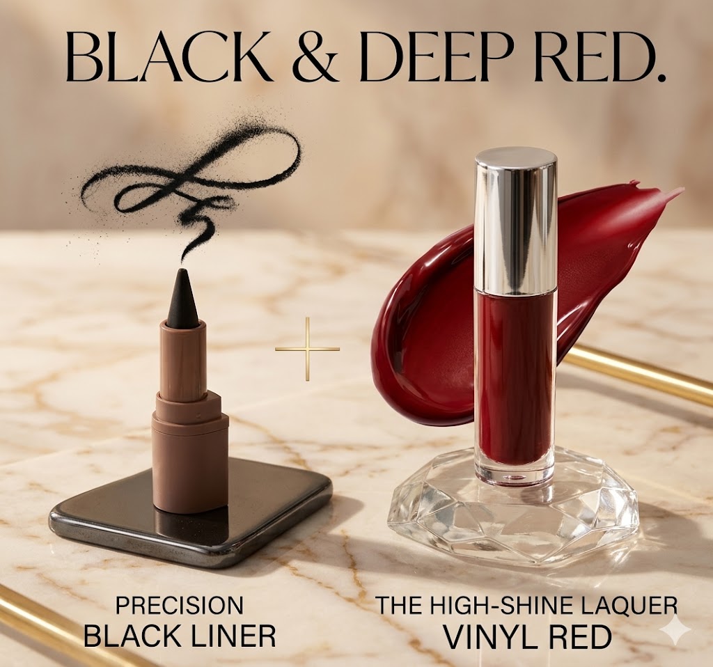Cherry Cola Tone Lip Makeup Combo 2Pcs Set Black Lip Pencil + Glossy Dark Red Lip Gloss Long Wear For Fair To Deep Skin